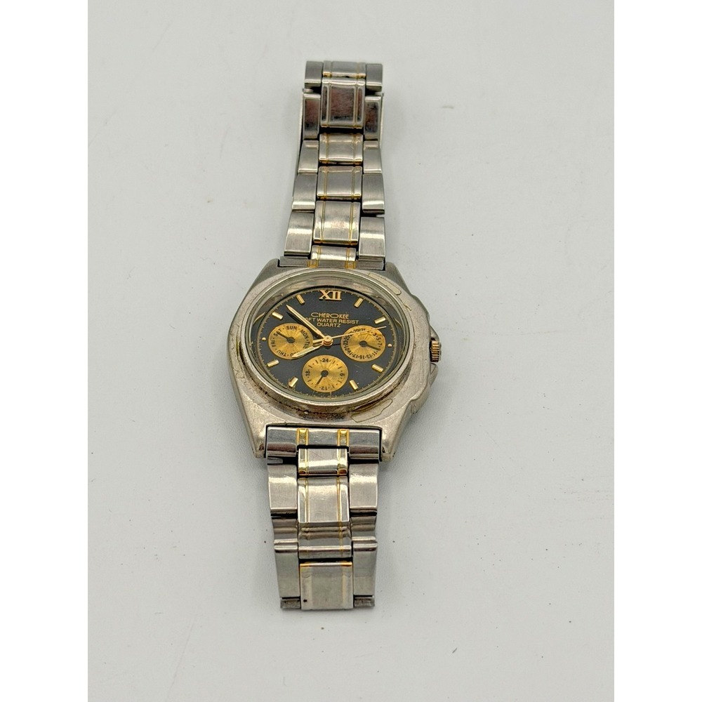 Cherokee Quartz Watch Mens Day Date 24H Gold Tone Steel Japan Movt Running